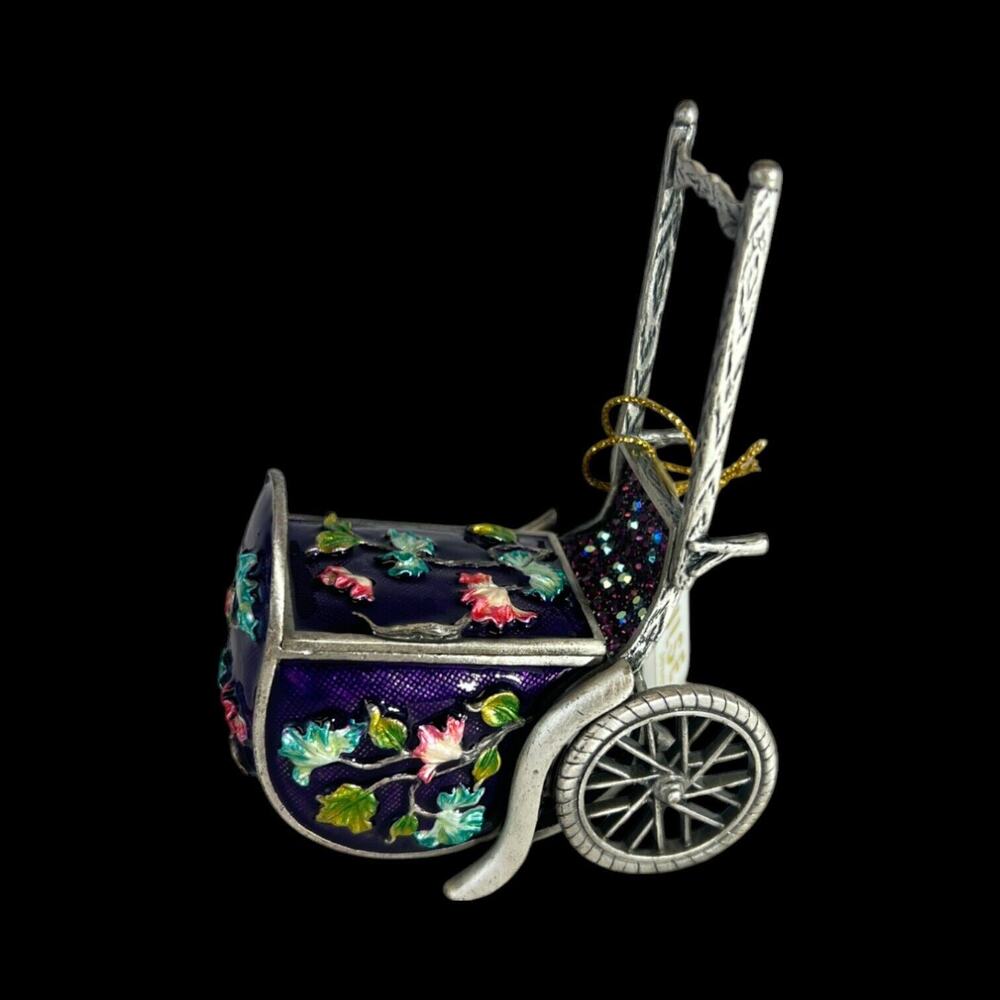 Bijorca Chinese Rickshaw Enameled flowers Metal Jewelry Trinket Box New w tags